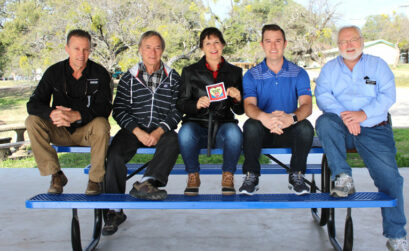 Kingsland Community Park was voted the Kingsland-area’s favorite park in the Locals Love Us contest. Accepting the award are Kingsland/Lake LBJ Chamber of Commerce facilities committee members Derek Timmons (left), Rick Schrimshire, Susan Patten, Blake Sieck, and Don Dudley. The chamber oversees the park. Staff photo by Jennifer Fierro