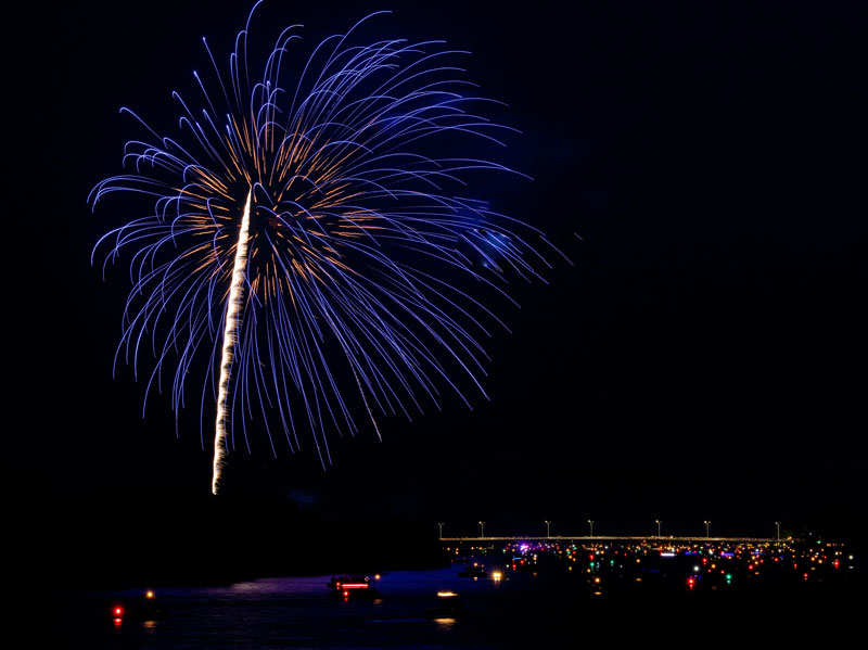 A spectacular fireworks show over the RM 2900 bridge in Kingsland can be viewed by land or water. The show is just one part of the annual AquaBoom, which was voted favorite community event by The Picayune Magazine readers and KBEY 103.9 FM Radio Picayune