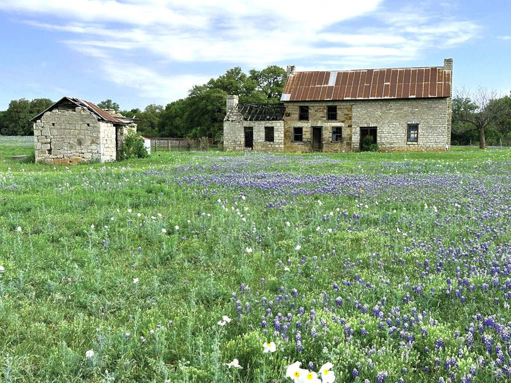The Bluebonnet House in late March 2023, surrounded by bluebonnets. The Marble Falls structure is famous worldwide for its rich Texas history, architectural style, and iconic Hill Country landscape, especially during wildflower season. Staff photo by Suzanne Freeman