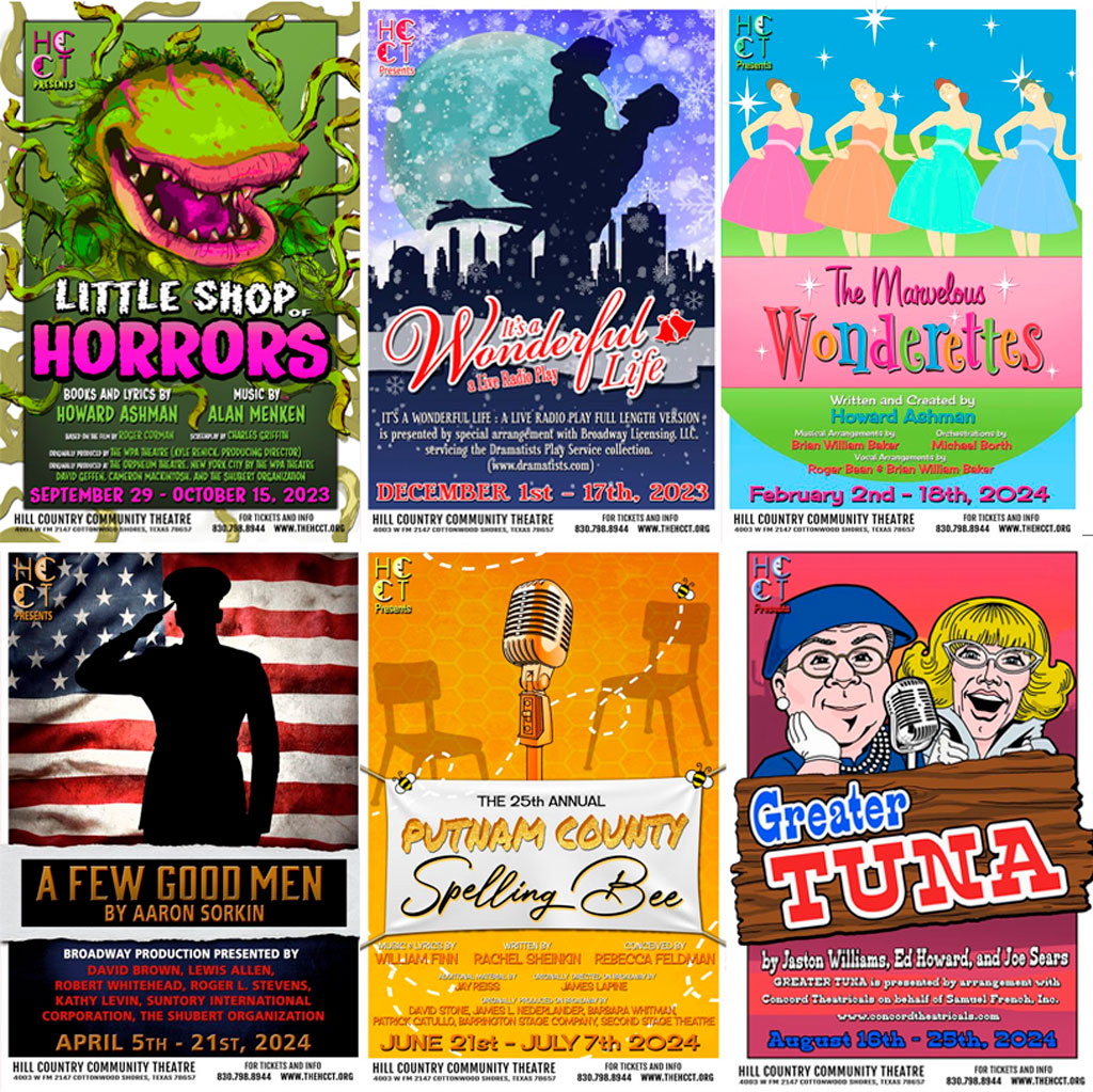 The Hill Country Community Theatre's 2023-24 season features horror, hilarity musicals, heartwarming classics, and drama. Courtesy images