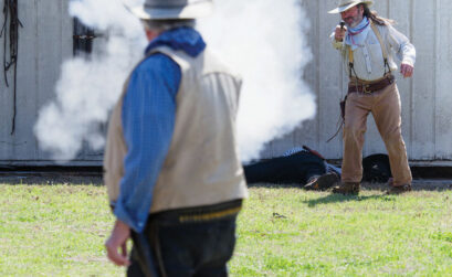 Sheriff 'Tex' Copsetta (foreground) takes a 'shot' at outlaw Cactus Jack during a Burnet Gunfighters show. The free public shows take place at 12:30 p.m. on Saturdays starting in March each year. File photo