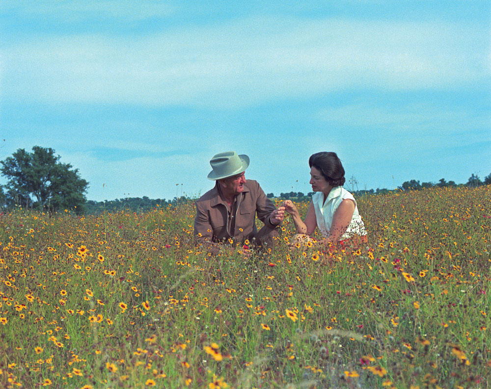 President Johnson and first lady Lady Bird Johnson in a field of wildflowers near Johnson City. Photo courtesy of LBJ National Historic Site