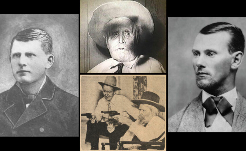 Flanked by U.S. Marshal Frank Dalton on the left and the outlaw Jesse James on the right, J. Frank Dalton (top center) of Granbury, Texas, claimed to have been first the marshal and then the outlaw during his final years. (Bottom center) J. Frank Dalton, 101, in 1948 with Al Jennings, 85, who robbed trains in Oklahoma. The photo is from "Pictorial History of the Wild West" by James D. Horan and Paul Sann, published in 1983. Courtesy photos