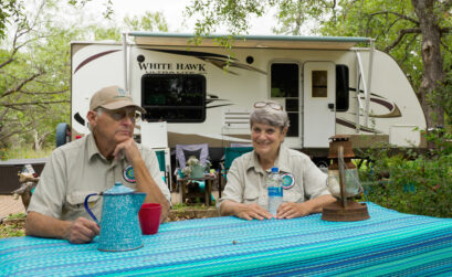 One of the best things about RV camping for Jimmy and Jan Thomas is enjoying the outdoors, whether it's taking a stroll around Inks Lake State Park or just sitting outside their camper. Staff photo by Daniel Clifton