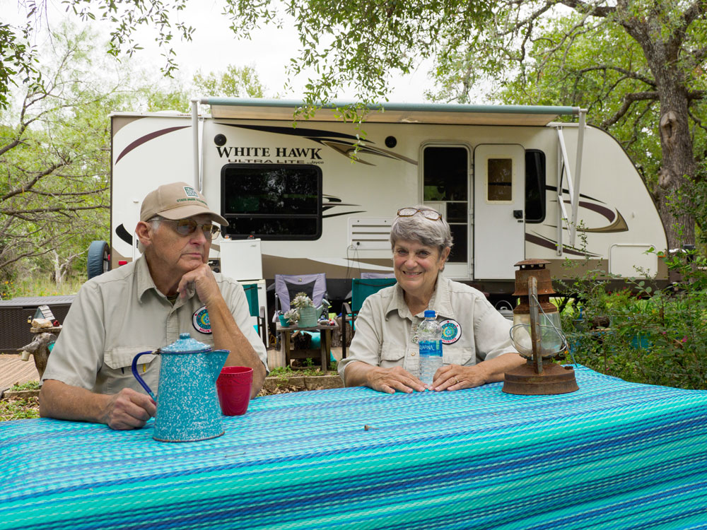 One of the best things about RV camping for Jimmy and Jan Thomas is enjoying the outdoors, whether it's taking a stroll around Inks Lake State Park or just sitting outside their camper. Staff photo by Daniel Clifton