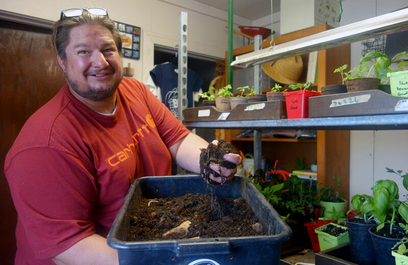 Brian Fraus, owner of Texas Big Worm Farm in Bertram, holds a bin of compost, complete with coffee grounds and filters, that he uses to nourish seedlings for his garden, some of which brighten up his office on a cloudy March afternoon. Staff photo by Suzanne Freeman