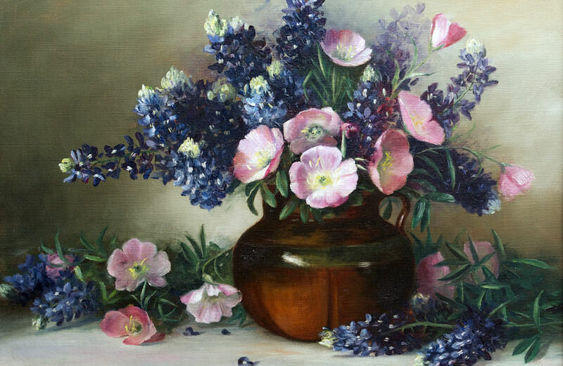 Mode Walker’s oil painting 'Bluebonnets and Evening Primrose' put the bluebonnet over the top in competition with the cotton boll and the cactus flower for status as official Texas state flower. The painting is on display at the Neill-Cochran House Museum, 2310 San Gabriel St. in Austin. Courtesy image