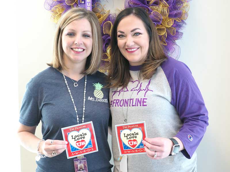 Colt Elementary School snagged the 2018 Locals Love Us awards for favorite teacher and administrator in the Marble Falls area. The Picayune readers and KBEY 103.9 FM Radio Picayune listeners selected third-grade teacher Marla DeBons (left) and assistant principal Melissa Fletcher for the honors. Staff photo by Daniel Clifton