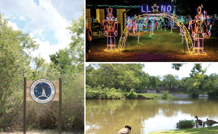 CLOCKWISE FROM LEFT: The Eagle Eye Observatory at Canyon of the Eagles Nature Park and Resort in Burnet; Starry, Starry Nights at Badu Park in Llano; and wildlife at Johnson Park in Marble Falls. Staff photos