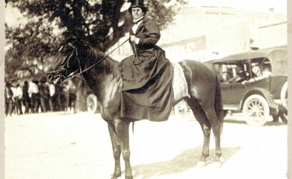 Mayor Ophelia ‘Birdie’ Harwood sits astride a horse on Main Street in downtown Marble Falls. Courtesy photo from The Falls on the Colorado Museum