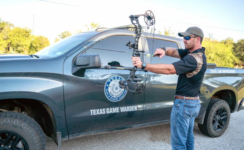 Llano County Game Warden Keegan Gould walked this reporter through the setup of his Mathews Vertix compound bow. Opening day of the white-tailed deer archery-only season is Saturday, Oct. 1, and Gould is gearing up to do his own hunting. Staff photo by Dakota Morrissiey