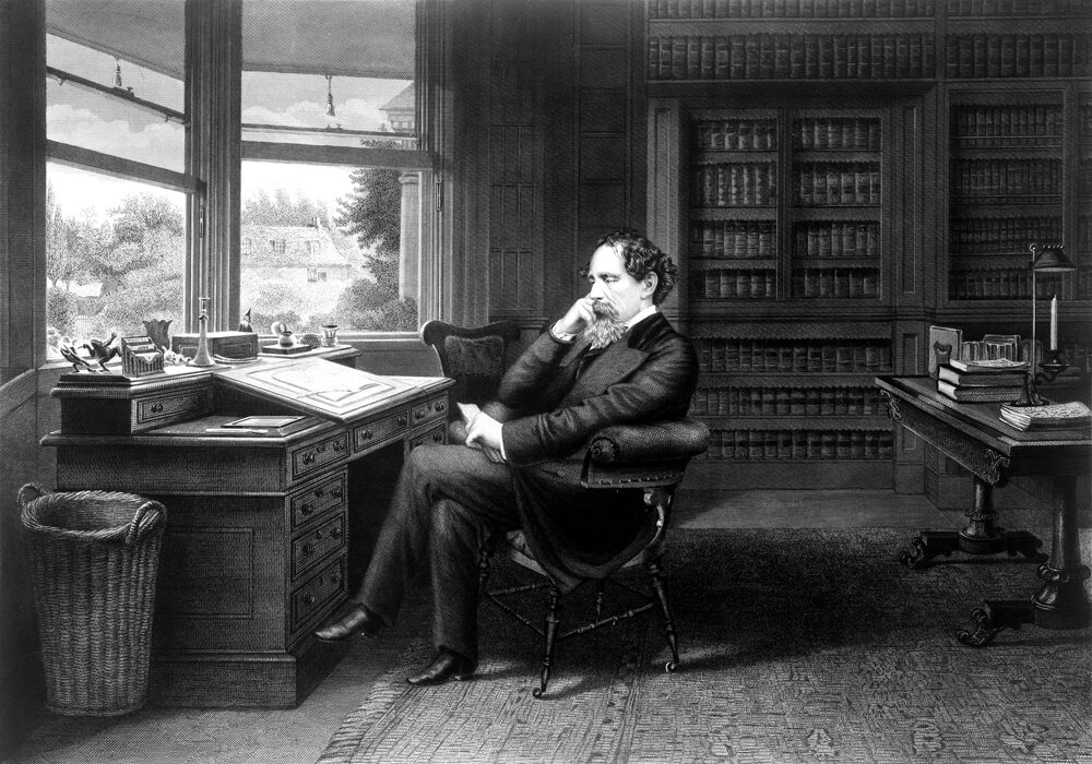 A drawing of 19th century English author Charles Dickens in his study. Dickens’s poor childhood would later influence his writings.