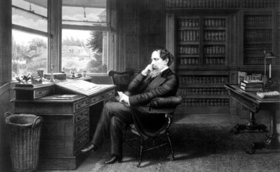 A drawing of 19th century English author Charles Dickens in his study. Dickens’s poor childhood would later influence his writings.