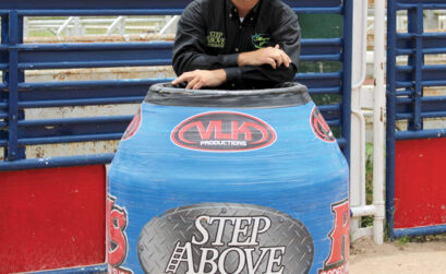Rodeo clown Ronald Burton in his barrel, or the 'Island of Safety.' Staff photo by Jennifer Fierro