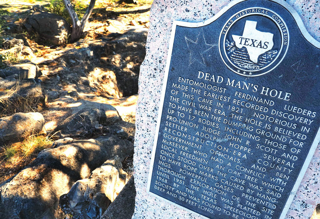 This Texas Historical Marker shares a brief history of Dead Man's Hole, located on Burnet County Road 401 North. Across the Highland Lakes, markers tell the area's history. Staff photos by Daniel Clifton