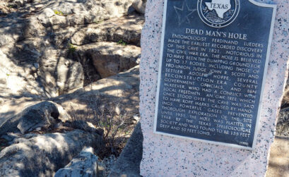 A historical marker gives a brief history of Dead Man's Hole, located on Burnet County Road 401 southwest of Marble Falls. The synopsis, however, can't recreate the fear and horror people in Burnet County — particularly Union sympathizers — felt about the hole during the Civil War and Reconstruction years. Some estimates claim as many as 36 people ended up in Dead Man's Hole, though historians can only connect about five names to it. Still, for several decades the thought of ending up at the bottom of Dead Man's Hole sent shivers down many a person's neck. Staff photo by Daniel Clifton