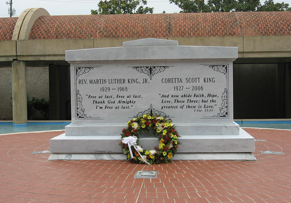 Martin Luther King Jr.’s epitaph, ‘Free at last. Free at last. Thank God Almighty I’m Free At Last,’ are lyrics of an old African-American spiritual he frequently quoted. His wife, Coretta Scott King, was honored with a biblical epitaph. Photo courtesy of Wikimedia Commons