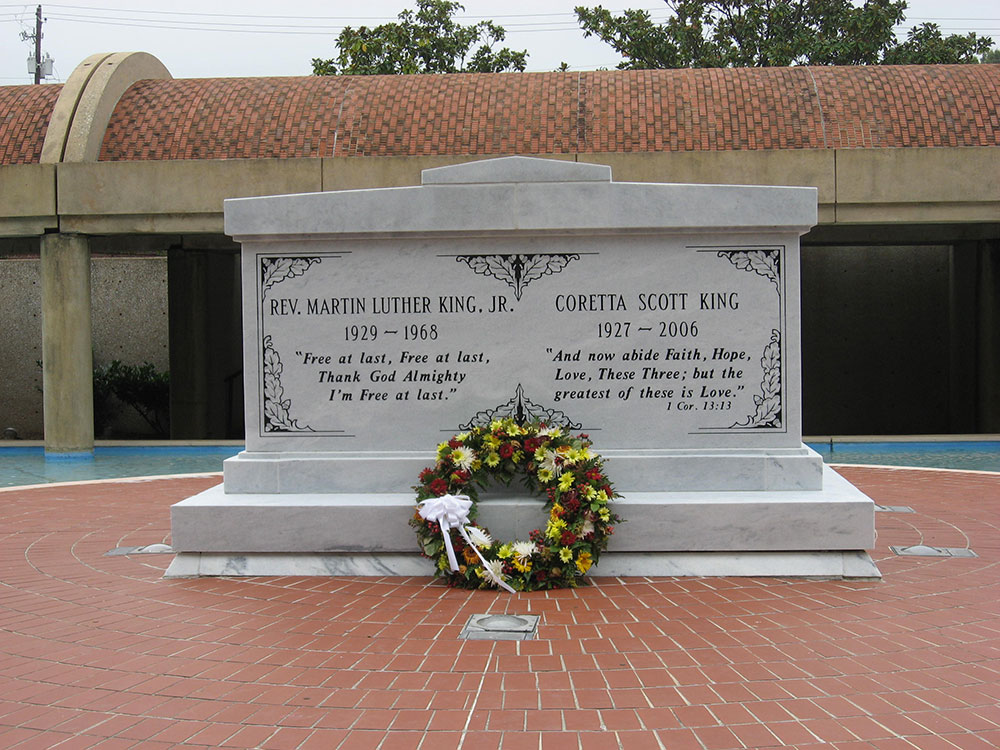 Martin Luther King Jr.’s epitaph, ‘Free at last. Free at last. Thank God Almighty I’m Free At Last,’ are lyrics of an old African-American spiritual he frequently quoted. His wife, Coretta Scott King, was honored with a biblical epitaph. Photo courtesy of Wikimedia Commons