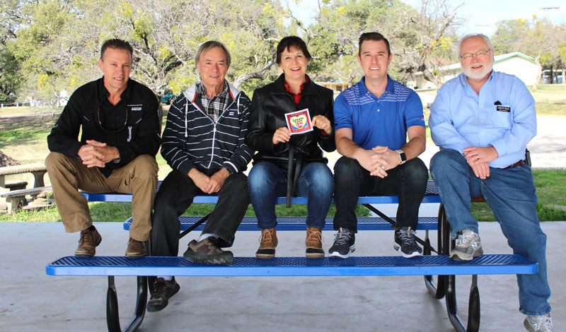 Kingsland Community Park was voted the Kingsland-area’s favorite park in the Locals Love Us contest. Accepting the award are Kingsland/Lake LBJ Chamber of Commerce facilities committee members Derek Timmons (left), Rick Schrimshire, Susan Patten, Blake Sieck, and Don Dudley. The chamber oversees the park. Staff photo by Jennifer Fierro