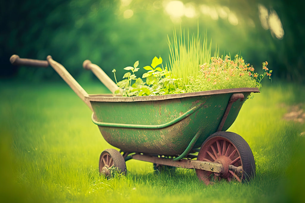 Plant herbs in a wheelbarrow so you can move it near the kitchen for convenience and to a sunny spot for health.