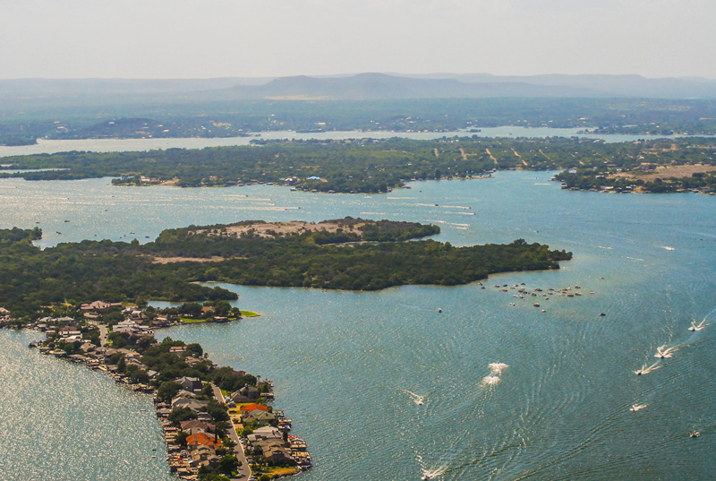 Lake LBJ is perfect in the summer for boating and other recreational activities in the Highland Lakes. Photo courtesy of Keith Bedard/Down to Earth Aerial Photography