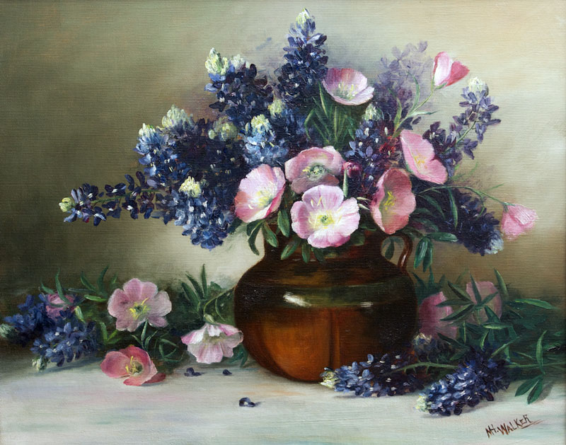 Mode Walker’s oil painting 'Bluebonnets and Evening Primrose' put the bluebonnet over the top in competition with the cotton boll and the cactus flower for status as official Texas state flower. The painting is on display at the Neill-Cochran House Museum, 2310 San Gabriel St. in Austin. Courtesy image