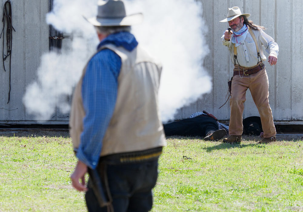 Sheriff 'Tex' Copsetta gets a shot off at Cactus Jack during a Burnet Gunfighters show Saturday, March 6. The gunfighters perform at about 12:30 p.m. Saturdays when the Hill Country Flyer train arrives, but everyone is welcome to attend. Staff photo by Daniel Clifton