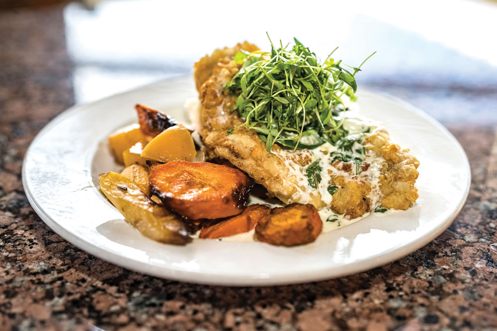 Chicken-fried boar steak with jalapeño gravy from the menu at The Overlook Restaurant at Canyon of the Eagles Resort in Burnet. Photo by Ronnie Madrid/Divine Radiance Photography