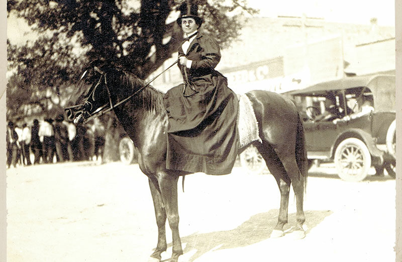 Mayor Ophelia ‘Birdie’ Harwood sits astride a horse on Main Street in downtown Marble Falls. Courtesy photo from The Falls on the Colorado Museum