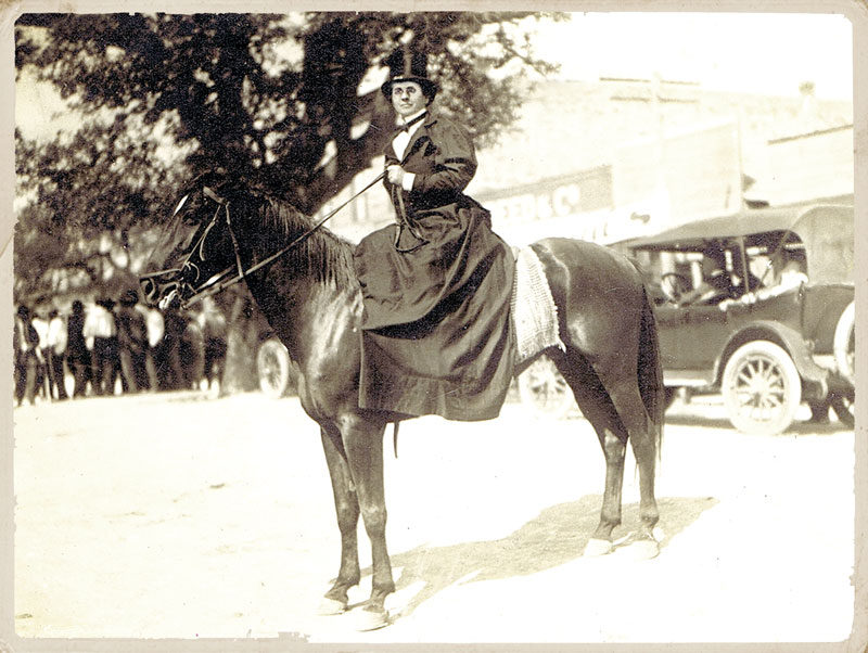 Mayor Ophelia ‘Birdie’ Harwood sits astride a horse on Main Street in downtown Marble Falls. Courtesy photo from The Falls on the Colorado Museum